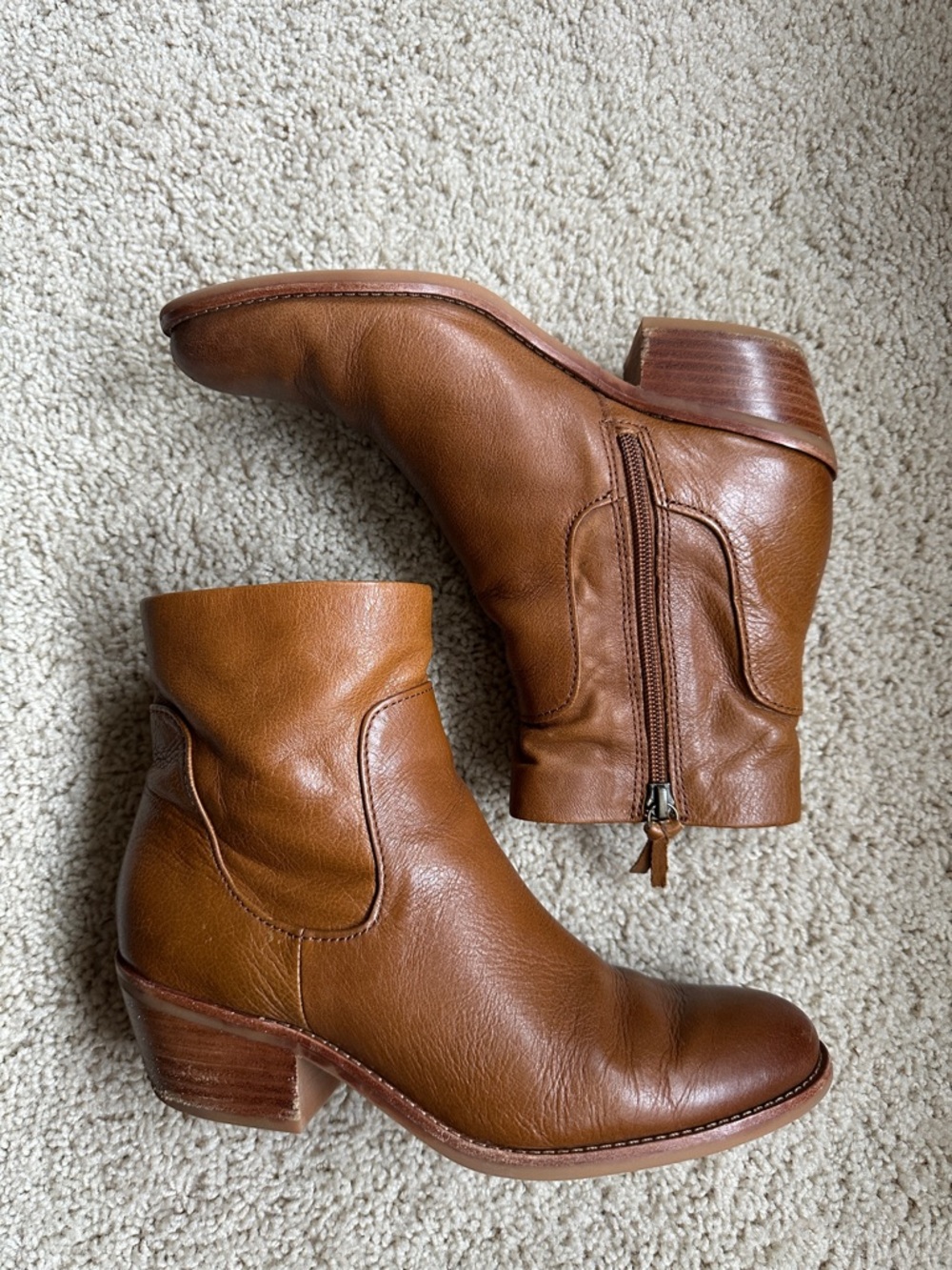 Women's Sofft Brown Leather Ankle Boots with Low Block Heel and side zip